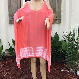 BE Coral/white Tie Dye Caftan Beach Coverup/Tunic